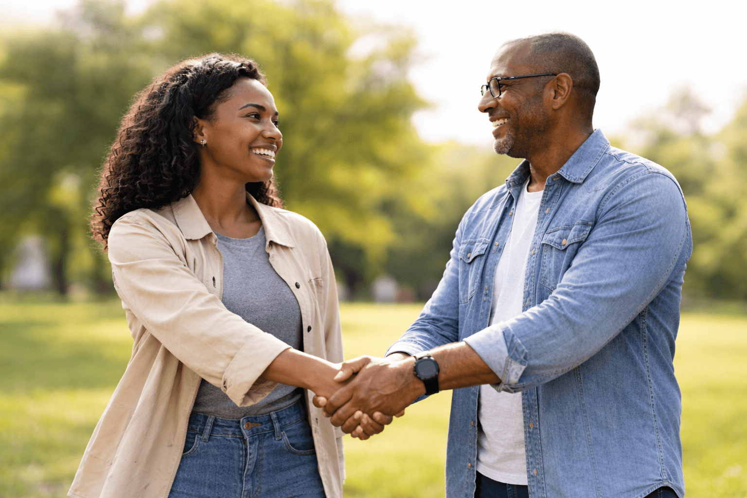 Two people smiling and shaking hands